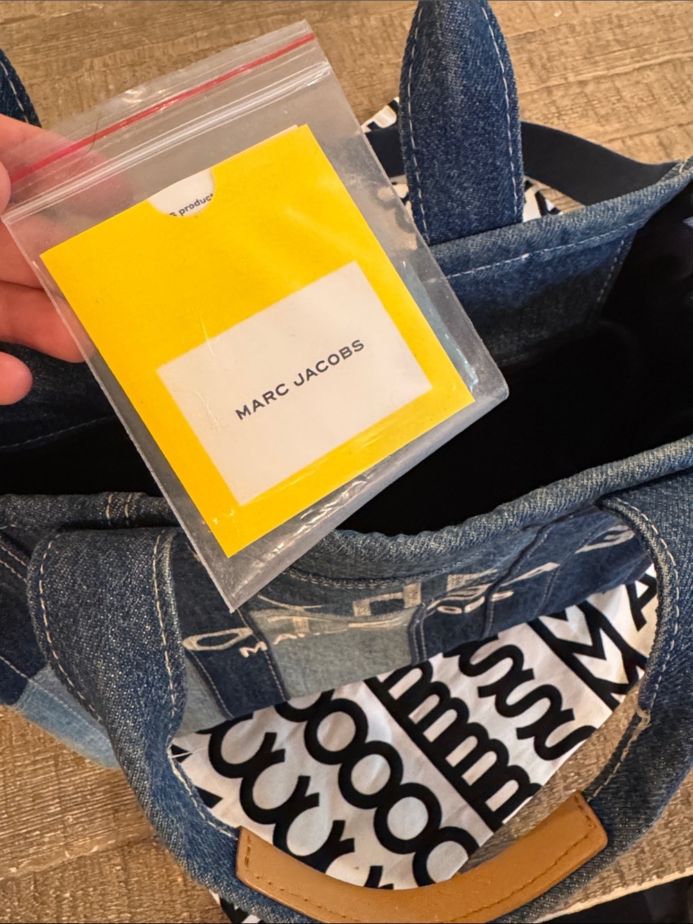 Marc Jacobs Denim Patchwork 'The Tote Bag' in Blue with Tan Trim - Picture 3 of 8